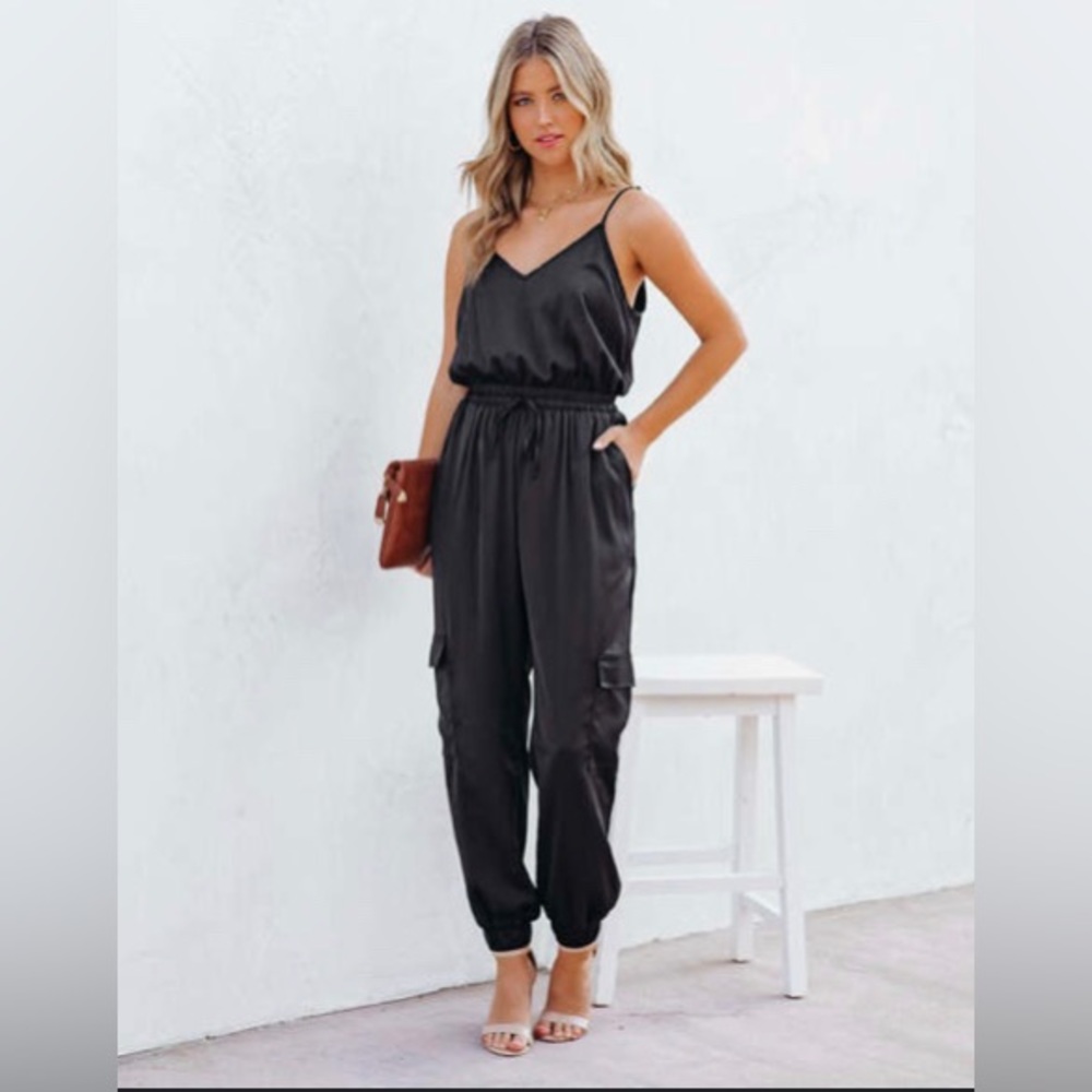 Vici Black Satin Spaghetti Strap Jumpsuit